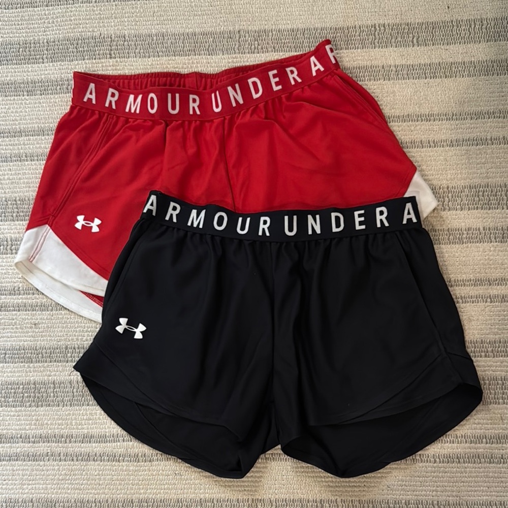Bundle of 2-Under Armour Red and Black Athletic Shorts Lightweight Performance
